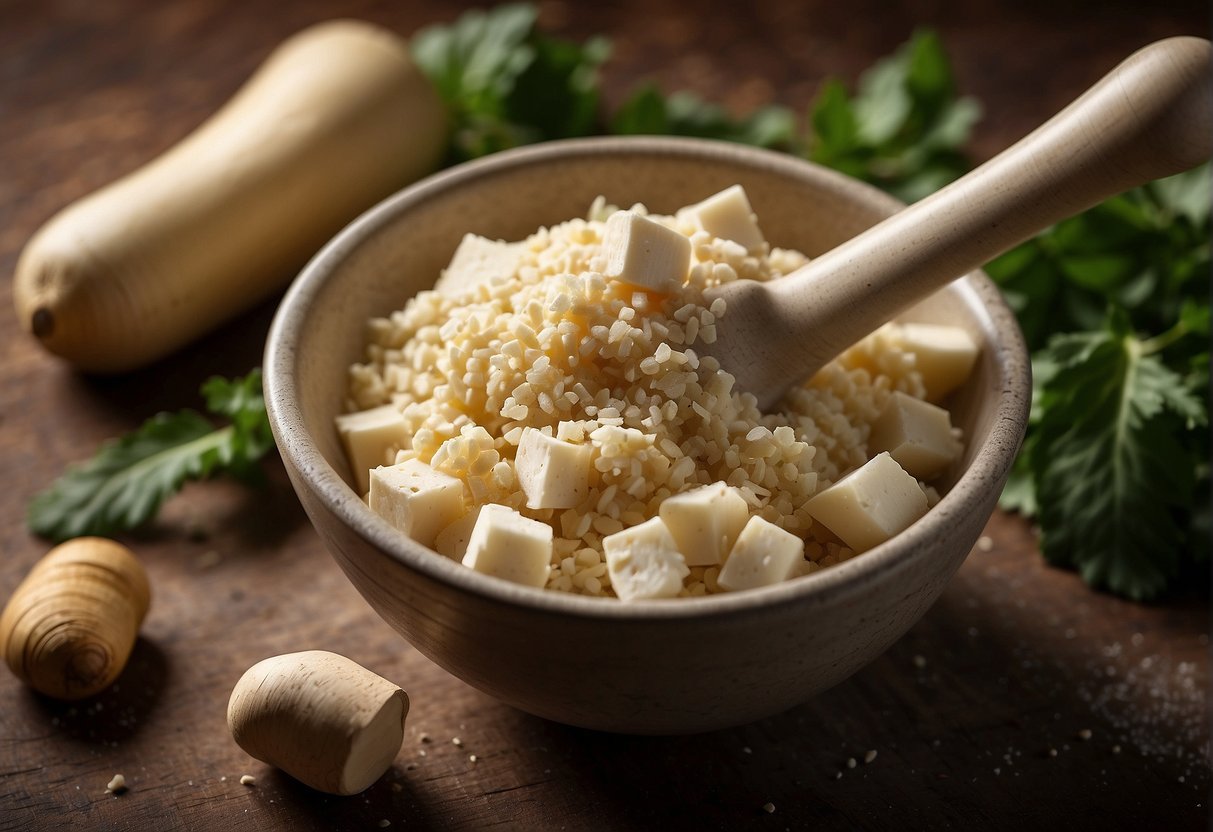 A mortar and pestle crushes horseradish roots, creating a pungent aroma. A bowl of mixed ingredients awaits blending