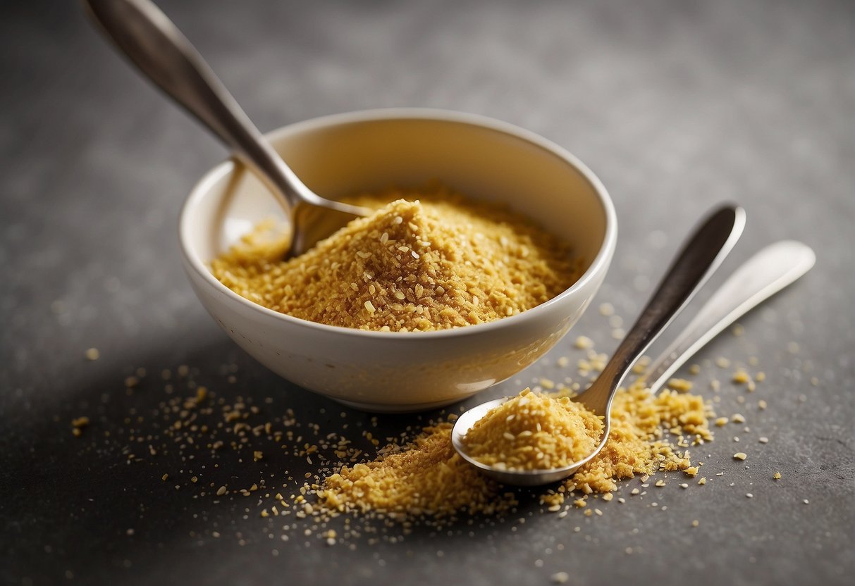 A bowl of horseradish and mustard powder mix, with a spoon and a small dish of water nearby