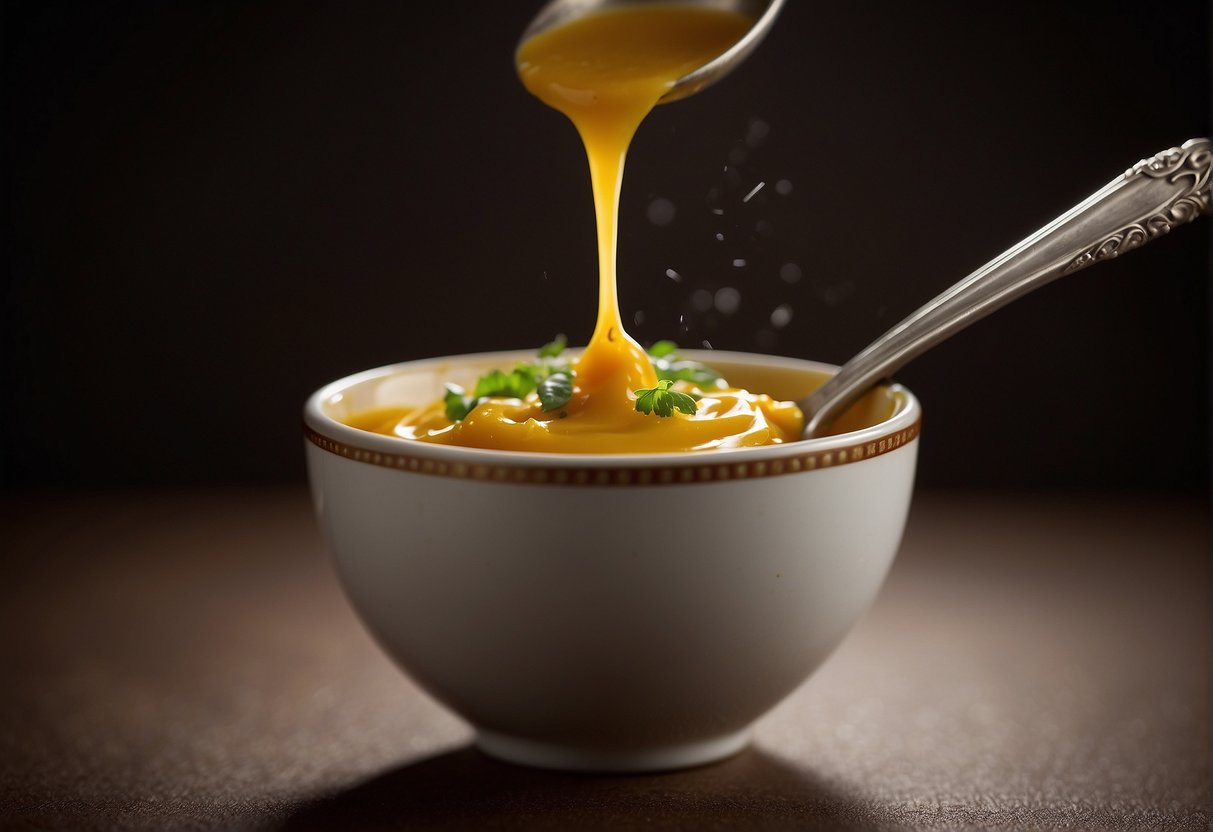A small bowl of Chinese hot mustard recipe with a dollop of horseradish being mixed together with a spoon