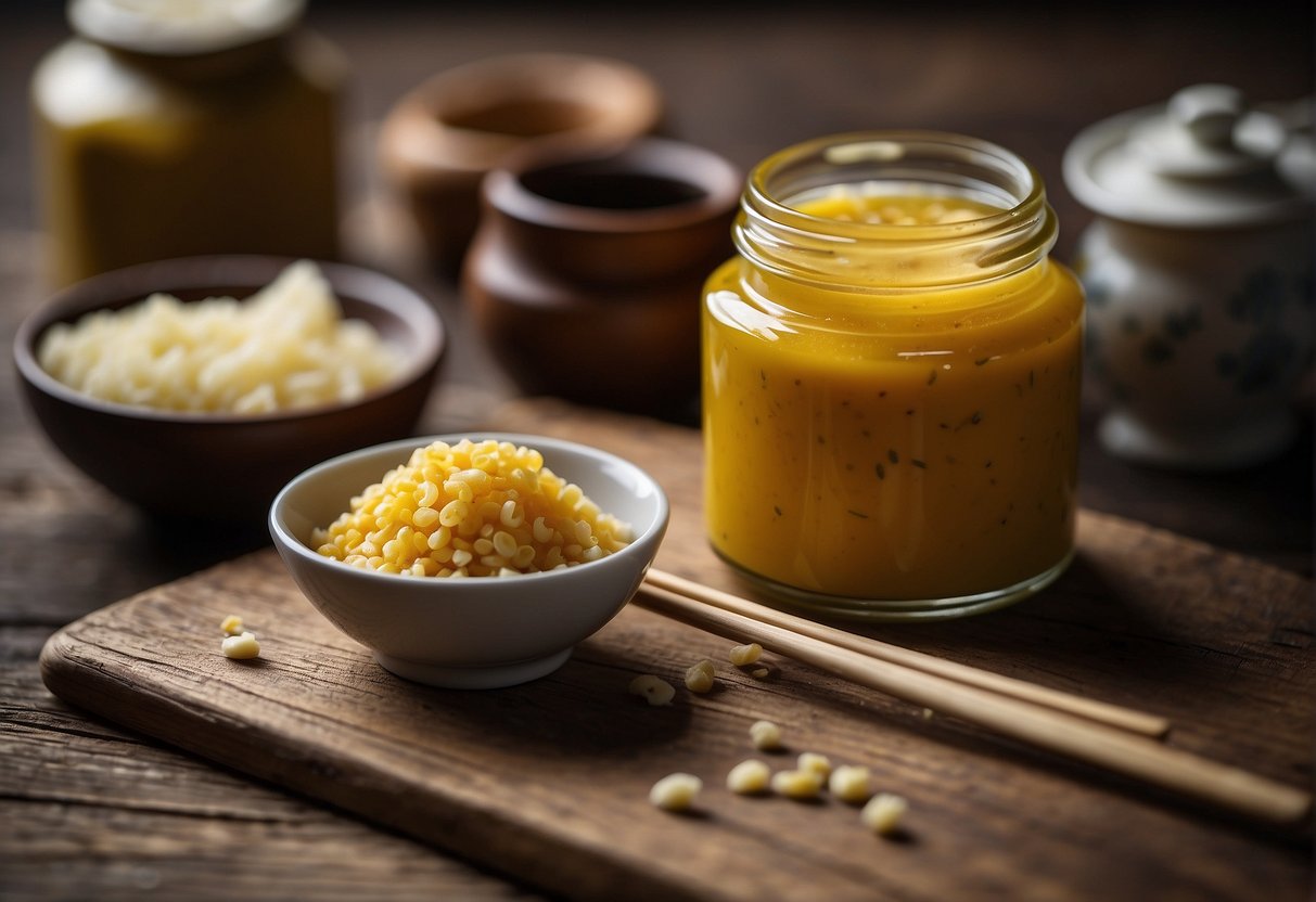 A small dish of Chinese hot mustard and a jar of horseradish on a wooden table with chopsticks nearby