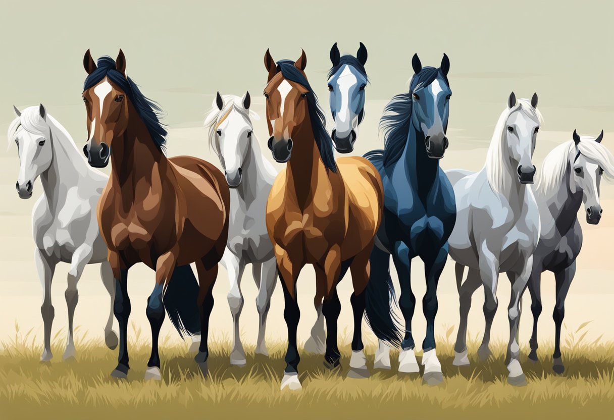 A variety of horses in different colors and sizes stand in a field, showcasing the unique characteristics of each breed