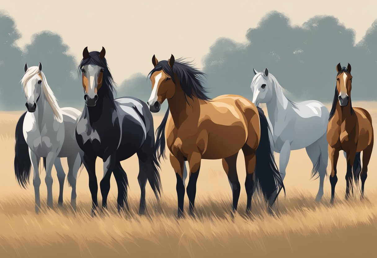 A group of horses standing in a field, each displaying distinct physical features such as size, build, coat color, and mane and tail characteristics