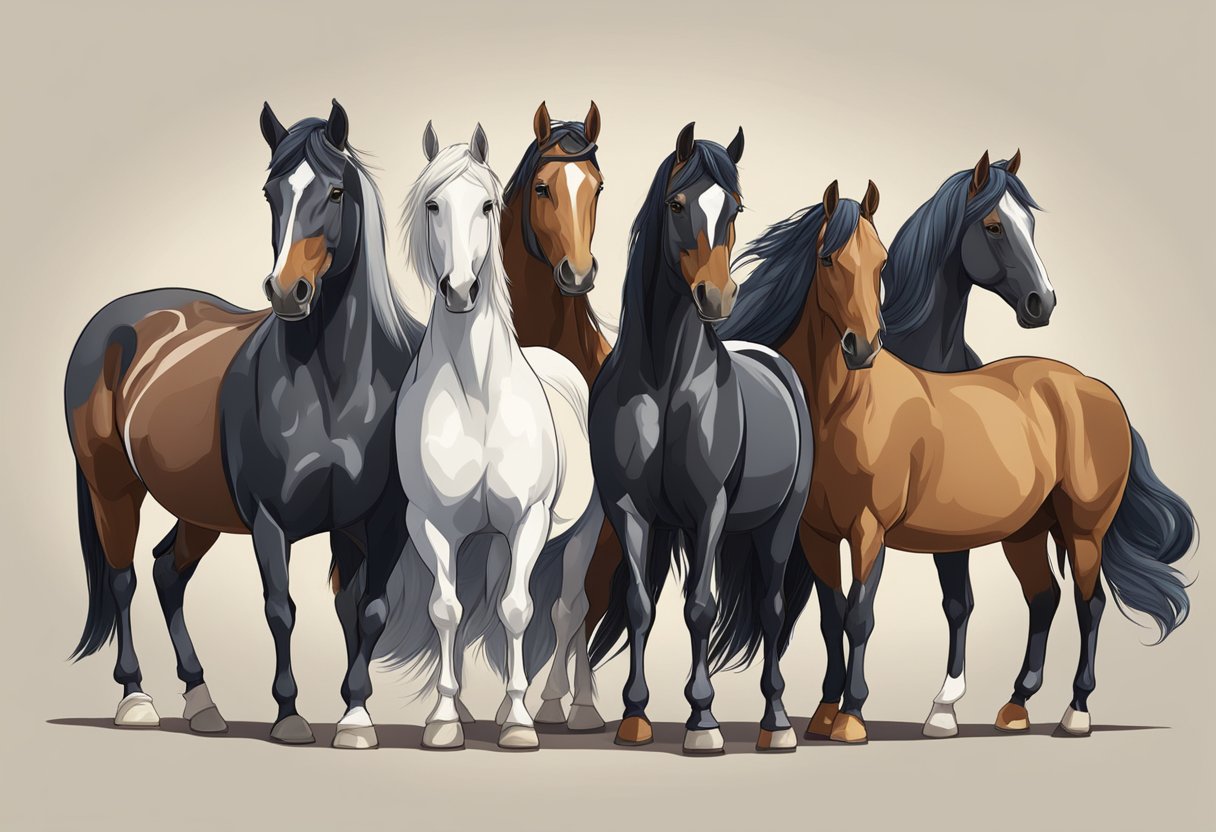 A group of diverse horse breeds standing together, showcasing their unique physical characteristics and markings