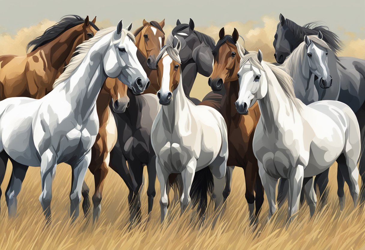 A group of horses standing in a field, each displaying distinct behavior and temperament characteristics, such as alertness, calmness, or playfulness