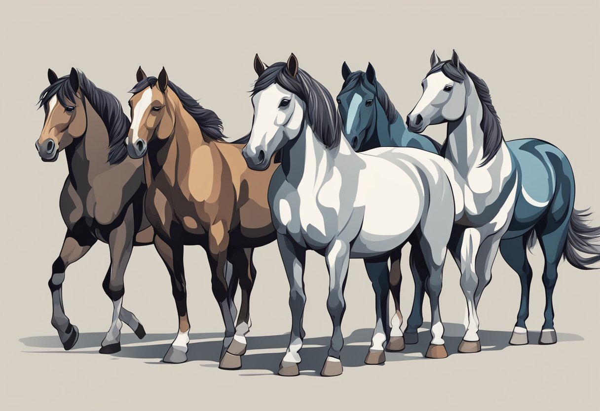 A group of horses of different sizes, colors, and markings stand in a row. Each horse represents a different breed, showcasing their unique characteristics