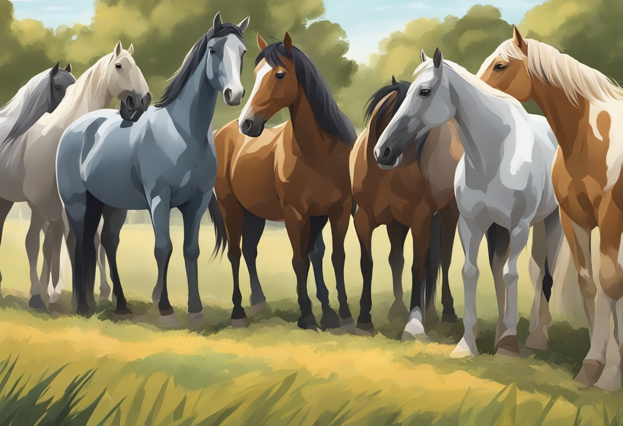 A group of horses standing in a field, each displaying unique physical characteristics. A person is observing and comparing the horses, noting their breed differences