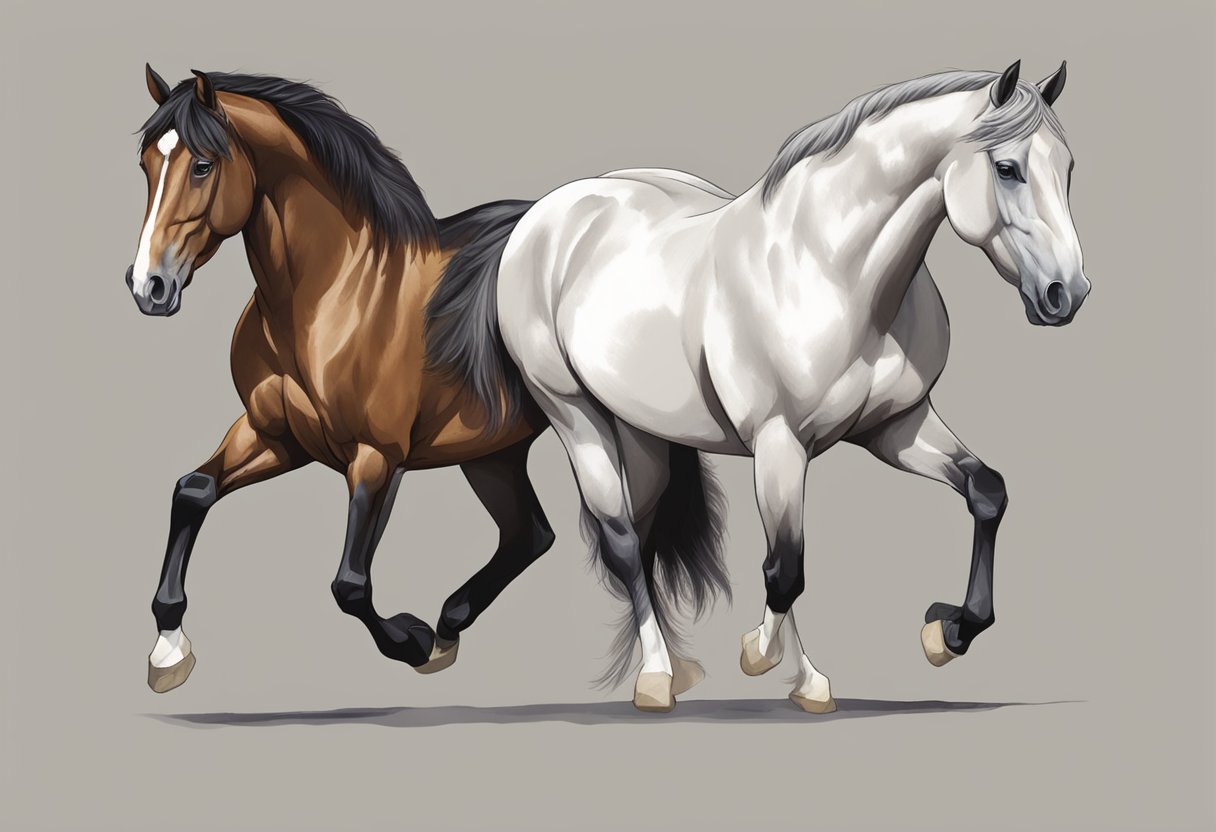 Two horses of similar breeds stand side by side, showcasing their distinct physical characteristics