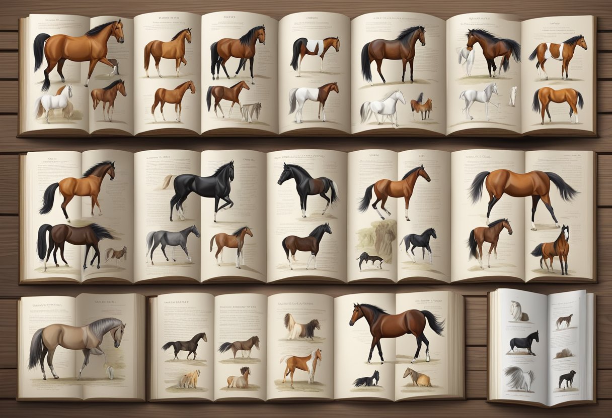 A variety of horse breeds are depicted in a book, each with distinct physical characteristics and markings. The book is open on a wooden table, surrounded by equine reference materials