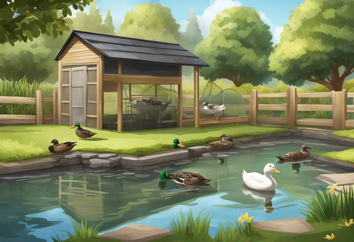 A duck farm in a backyard with a small pond, feeding area, and shelter for the ducks
