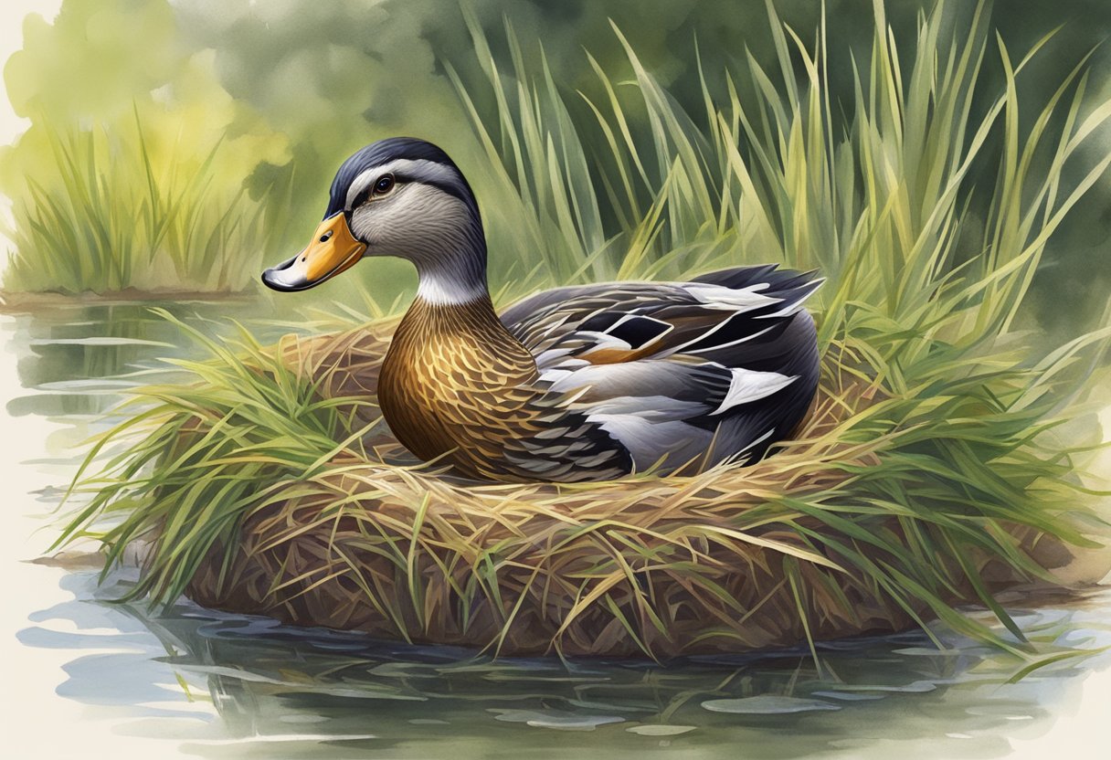 A duck sitting on a nest in a backyard, surrounded by grass and a small pond