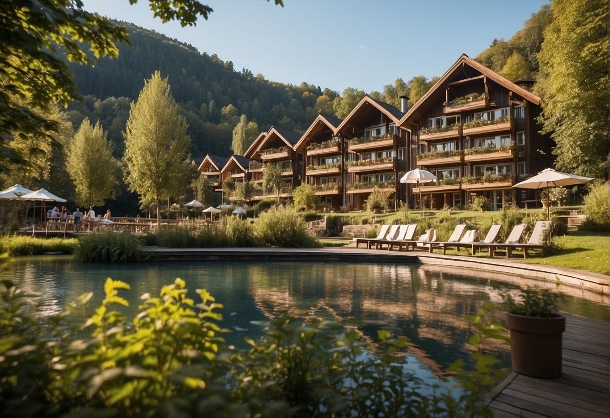 A serene landscape with a sustainable vacation resort, featuring various leisure activities at Freizeitangebote RelaxResort Kothmühle