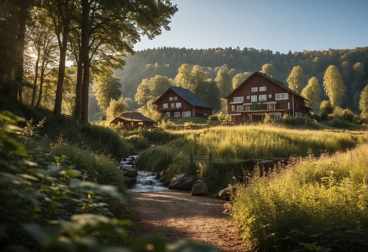 A serene landscape with a sustainable RelaxResort Kothmühle, showcasing regional elements, surrounded by nature