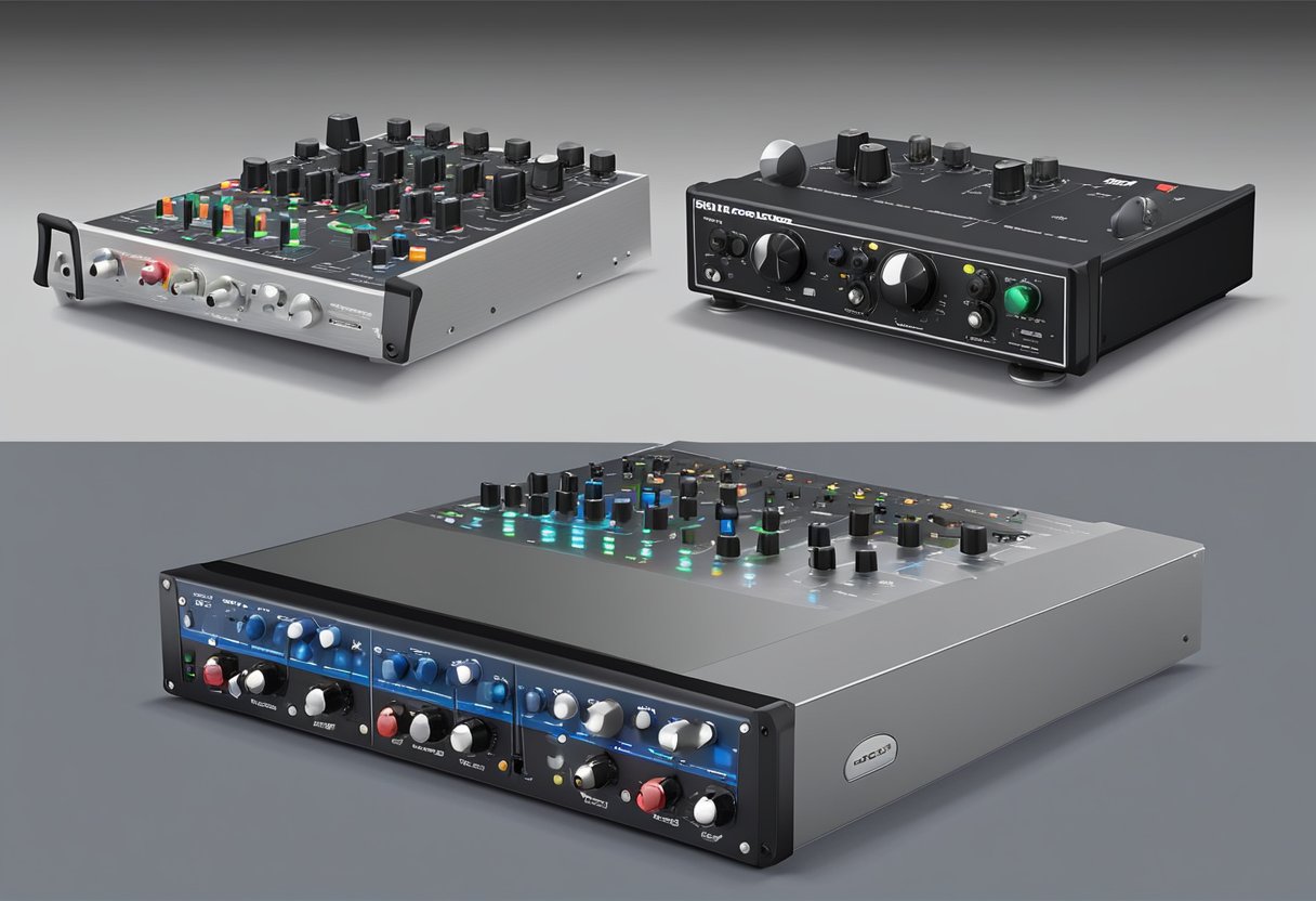 An audio interface and a sound mixer sit side by side, each with its own set of knobs, buttons, and input/output ports. The interface is sleek and modern, while the mixer is larger and more traditional in appearance