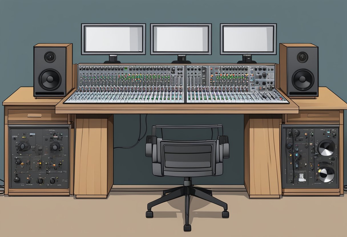 A recording studio with an audio interface and a sound mixer side by side, with cables and knobs visible