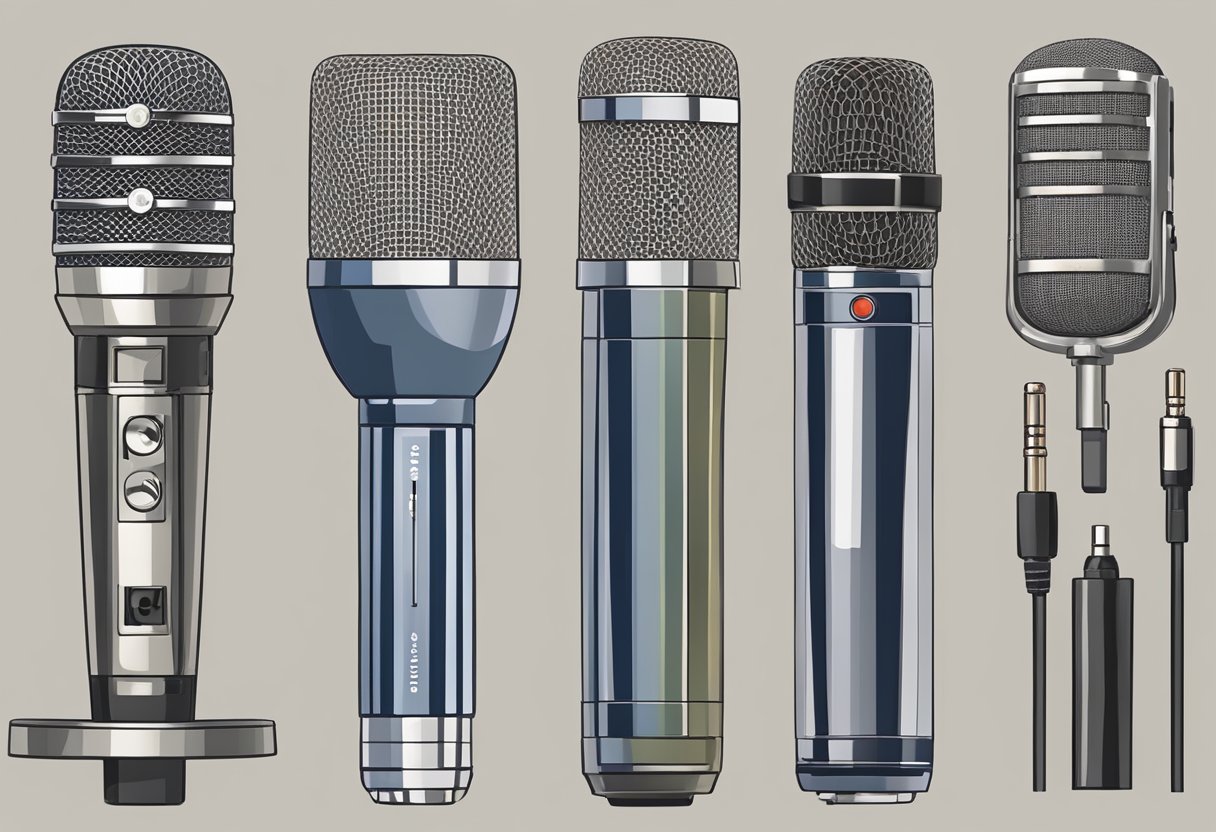 Various types of microphones displayed on a table. A dynamic microphone, a condenser microphone, and a ribbon microphone are arranged neatly with their respective specifications listed next to them