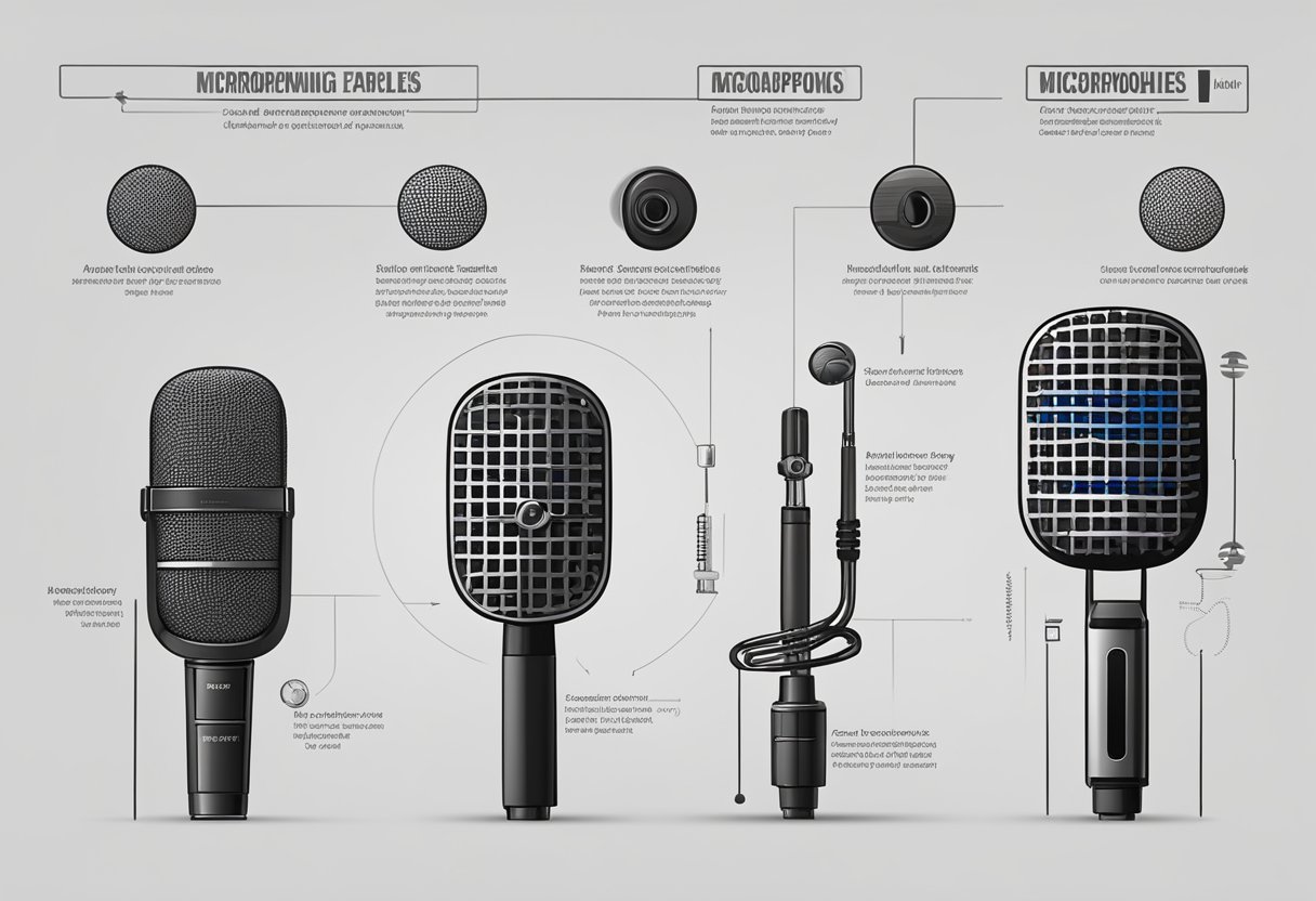 A table displays various types of microphones with labels. Each microphone is accompanied by a brief description of its popular characteristics