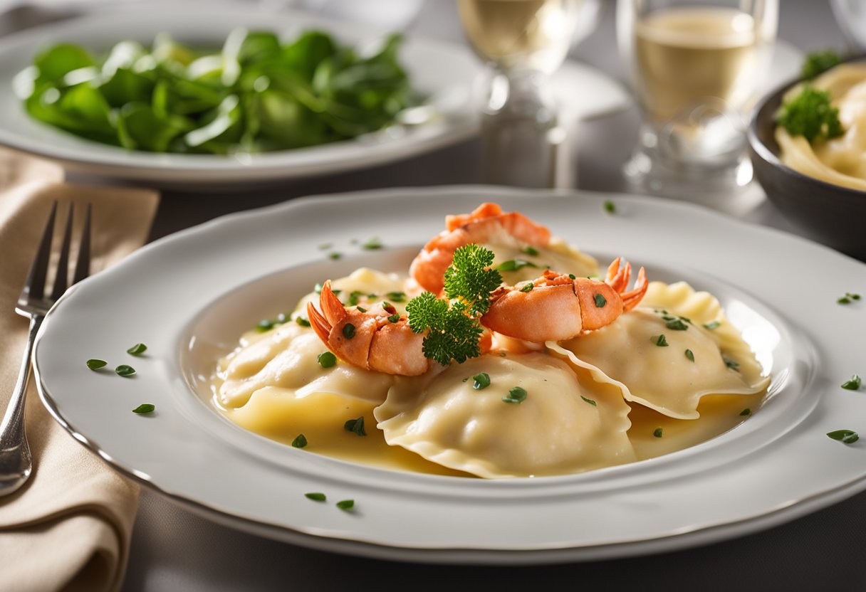 A plate of lobster ravioli with rich, creamy sauce