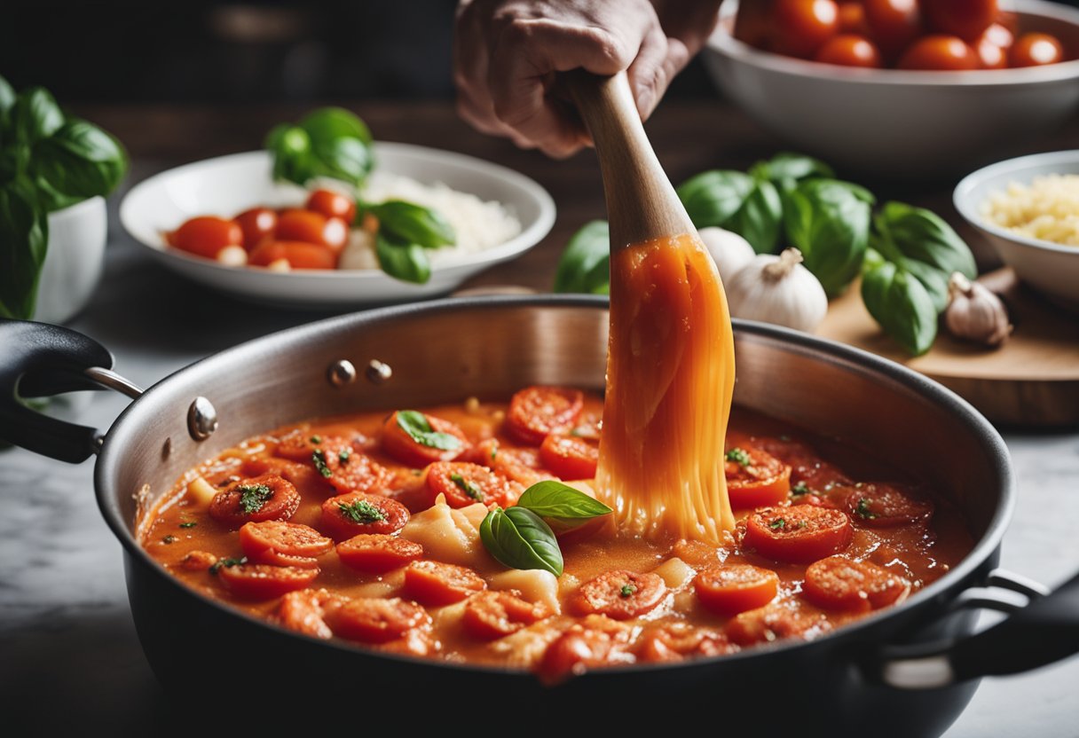 A chef pours crushed tomatoes into a pot, adding garlic, basil, and red pepper flakes for lobster ravioli sauce