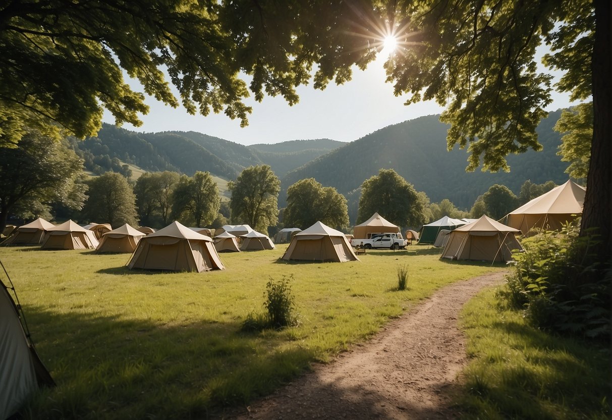 Lush green campsite with safari tents nestled among trees, surrounded by a flowing river and rolling hills in Berndorf, Niederösterreich