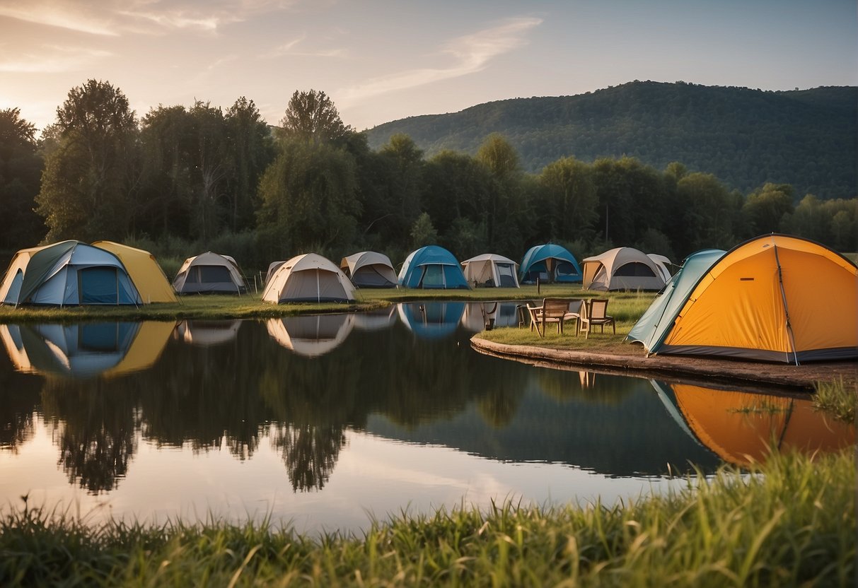A serene lakeside camping ground with designated pitches at Seecamping Masai Mara in Berndorf, Lower Austria. Sustainable vacation setting