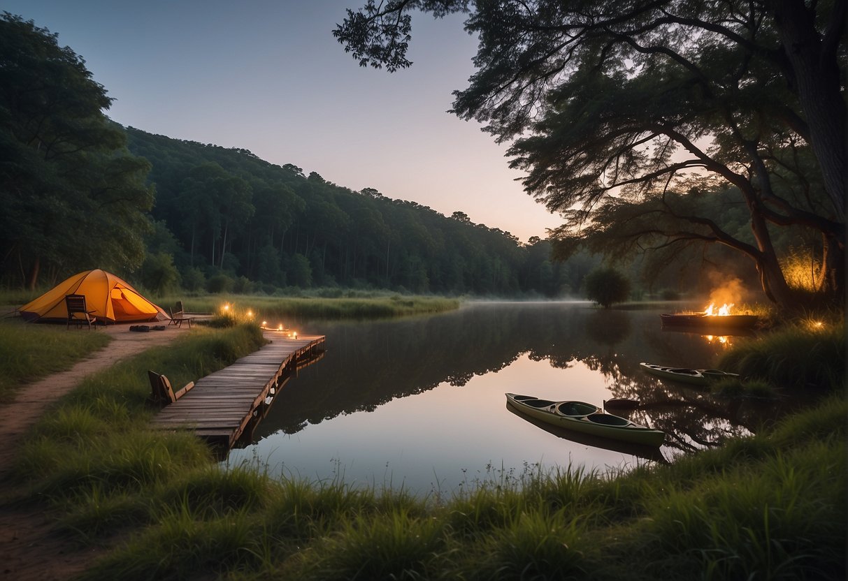 A serene lake with kayaks, a hiking trail through lush forest, and a campfire under the stars at Seecamping Masai Mara in Berndorf, Niederösterreich