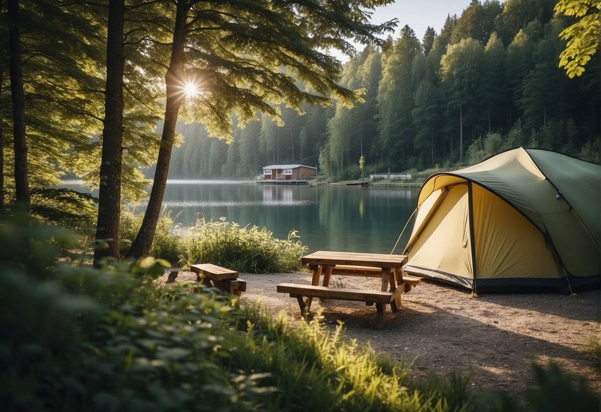 A serene lakeside campsite with eco-friendly facilities and clear communication signage, surrounded by lush greenery in Berndorf, Niederösterreich