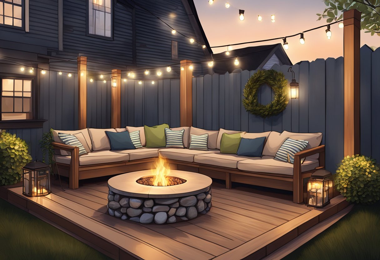 A cozy outdoor living space with a wooden deck, comfortable seating, a fire pit, and string lights hanging above