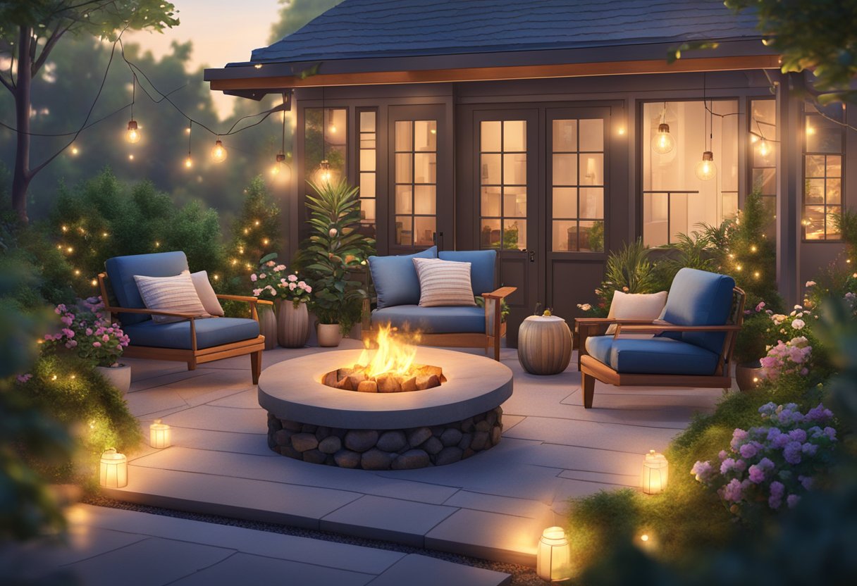 A cozy outdoor living space with warm string lights, a crackling fire pit, and comfortable seating surrounded by lush greenery