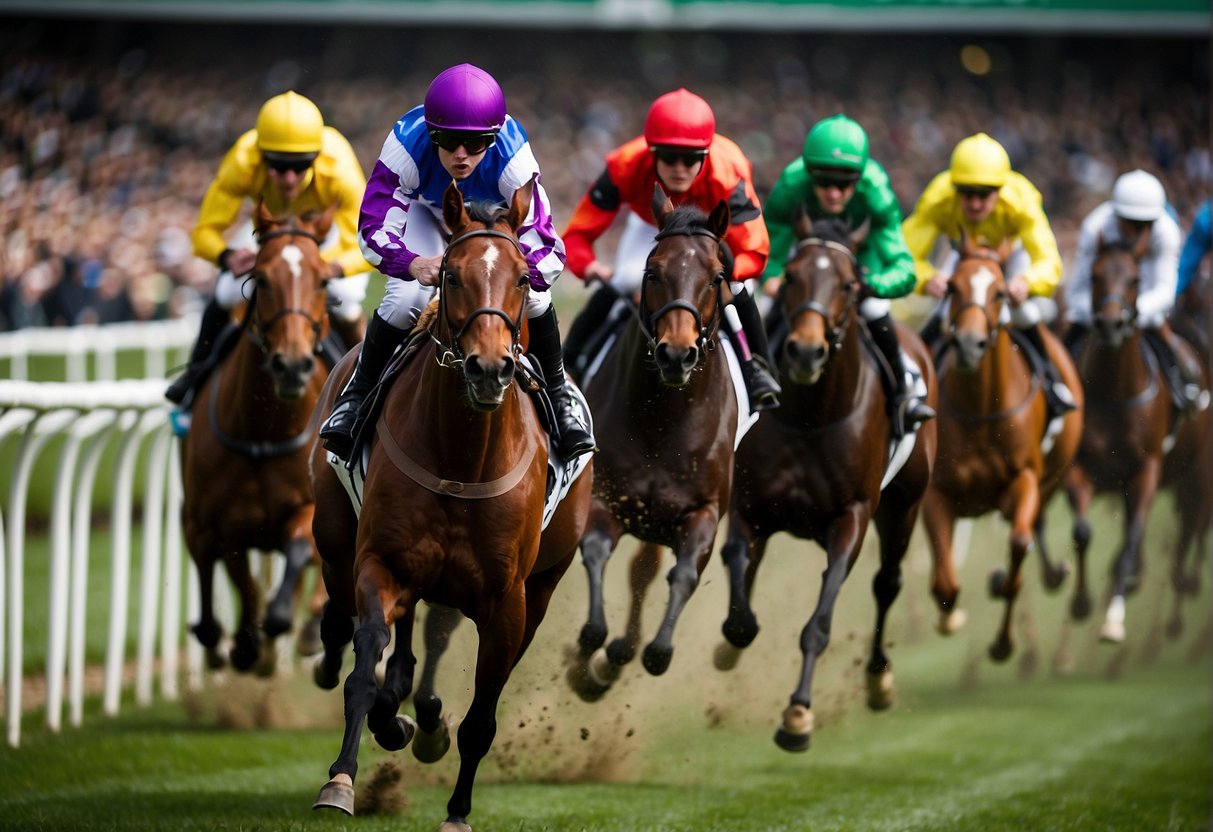 The Irish Grand National 2024: Horses thunder around the track, jockeys in colorful silks urging them on. The crowd roars, flags waving, as the horses leap over obstacles in a thrilling display of speed and skill