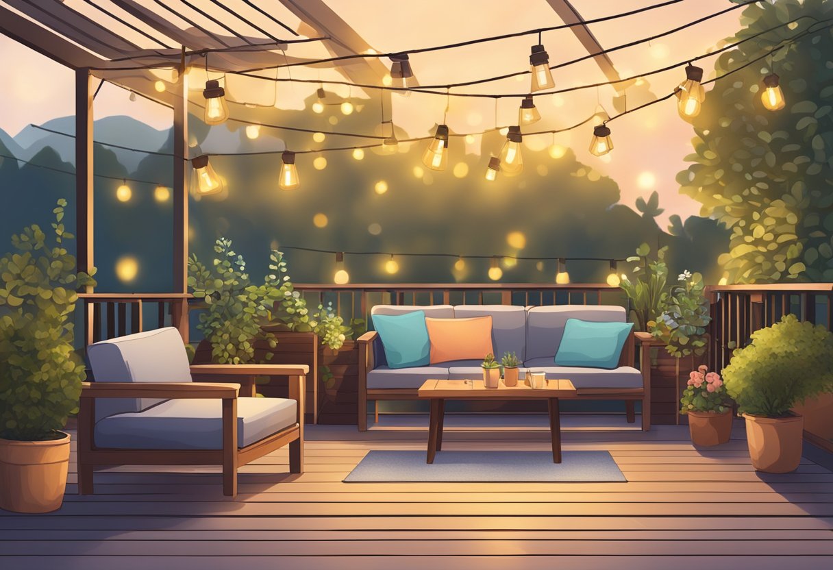 A cozy outdoor space with a wooden deck, potted plants, comfy seating, and solar-powered string lights creating a warm and inviting atmosphere