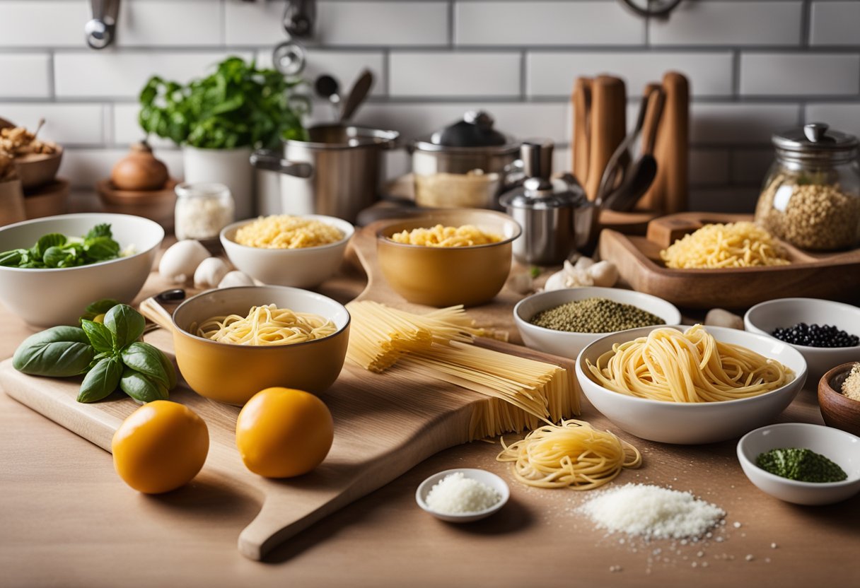 A kitchen counter with ingredients and utensils laid out to make Gigi Hadid's pasta recipe