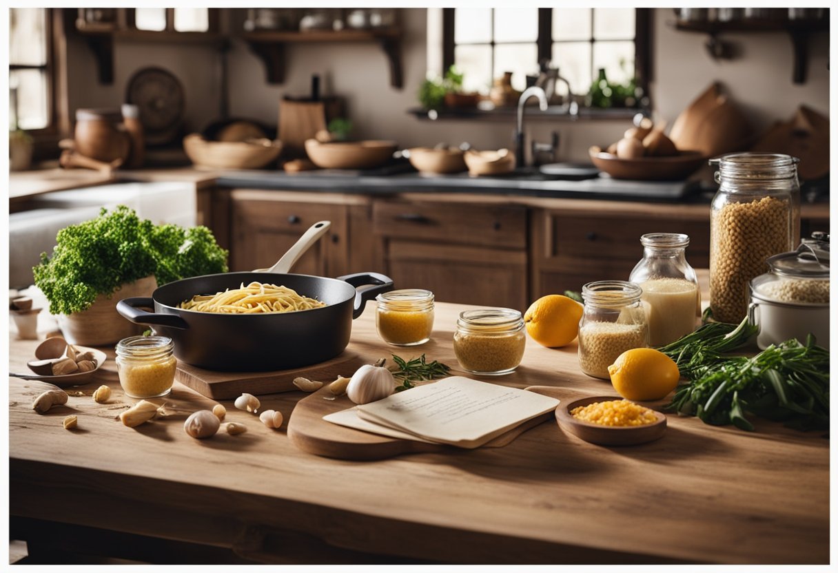 A rustic kitchen with fresh ingredients scattered on a wooden table, a pot simmering on a stove, and a handwritten recipe card for Gigi Hadid Pasta