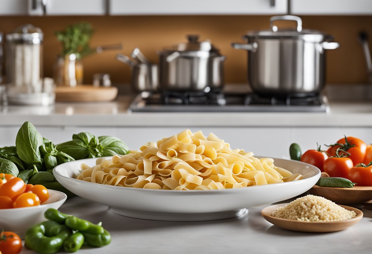 A kitchen counter with various ingredients arranged neatly, including pasta, vegetables, and seasonings for Gigi Hadid's pasta recipe