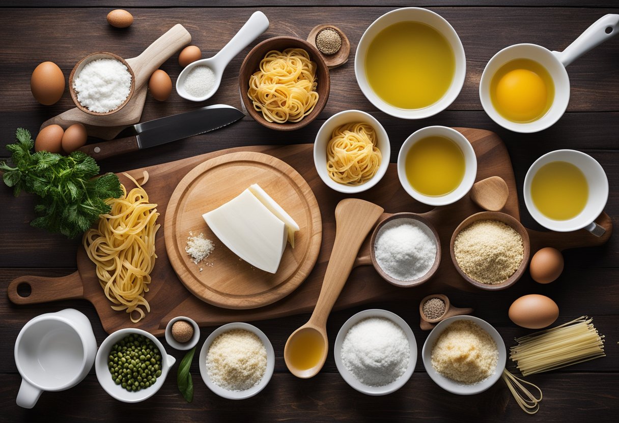 A wooden cutting board with a chef's knife, mixing bowls, pasta maker, measuring cups, and various ingredients like flour, eggs, and olive oil