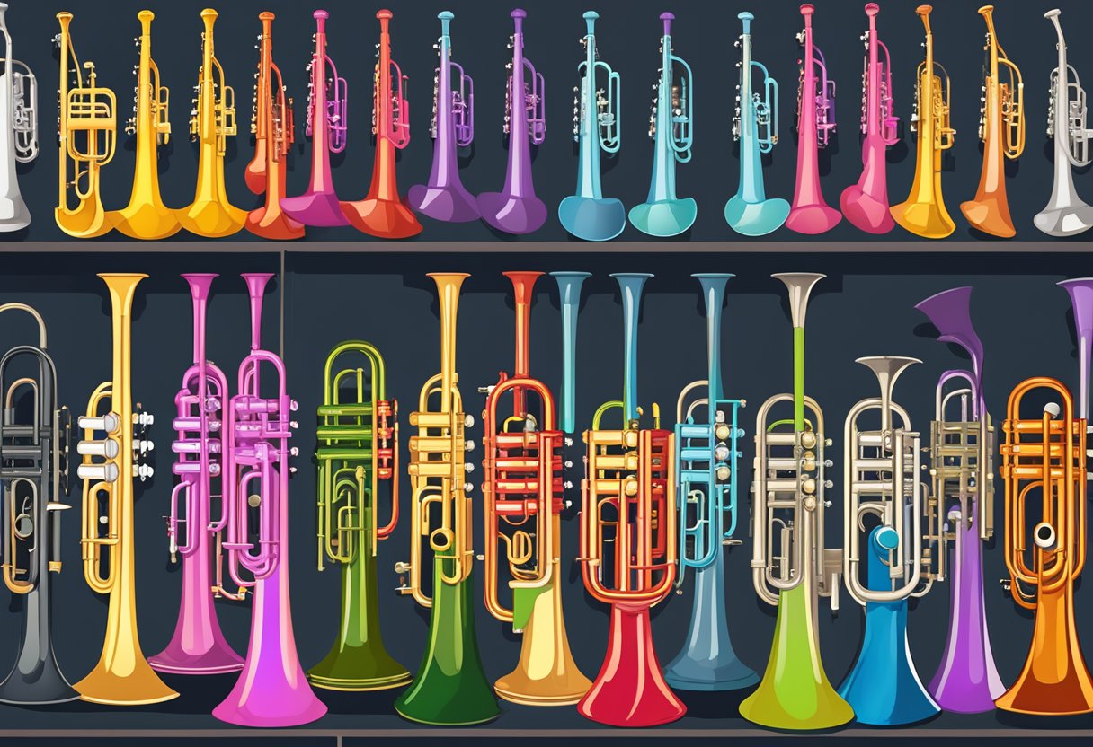 A beginner's guide to choosing a trumpet: an array of trumpets displayed in a music store, with labels indicating beginner-friendly features