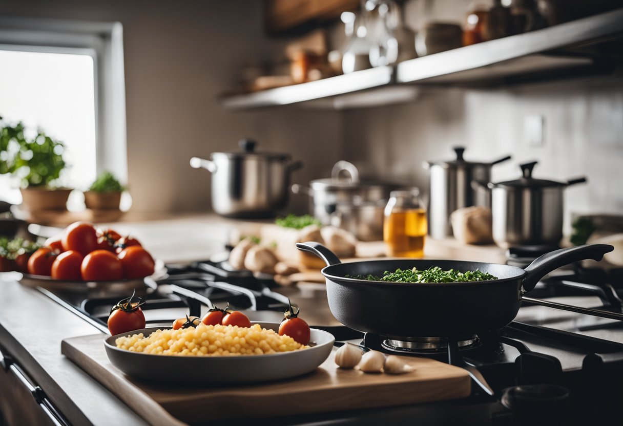 A kitchen counter with ingredients laid out, a pot of boiling water, and a pan with sautéed garlic and tomatoes