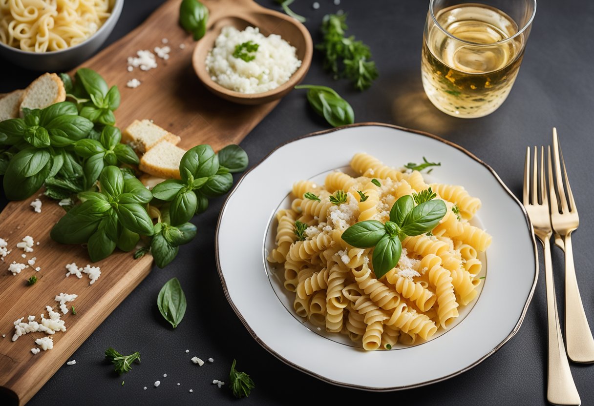 A table set with a plate of Gigi Hadid Pasta, garnished with fresh herbs and grated cheese, accompanied by a glass of wine