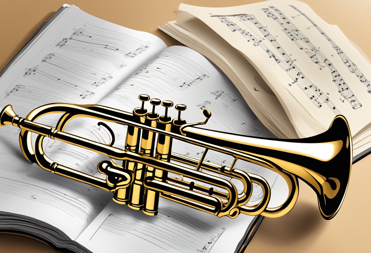 A beginner's trumpet rests on a music stand, surrounded by sheet music and a metronome. A music book titled "Ultimate Guide for Beginners on the Trumpet" lies open nearby