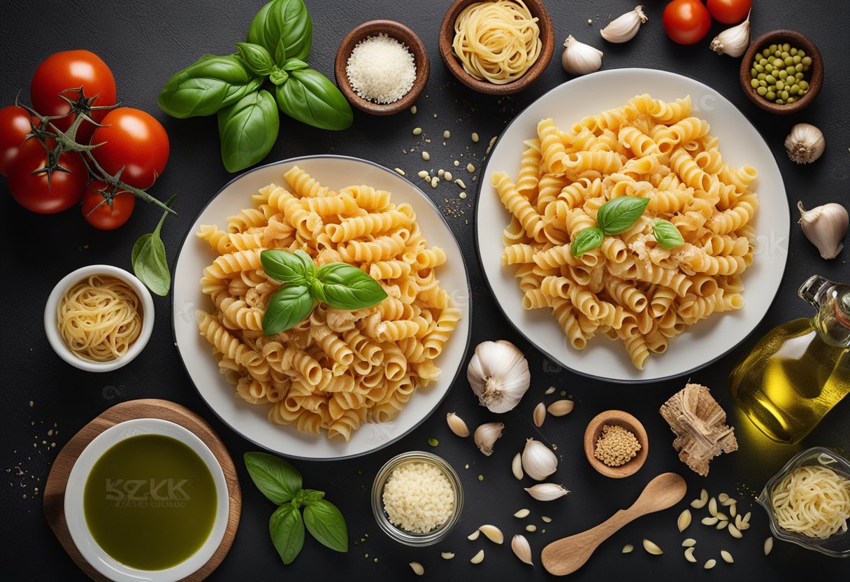 A table with a plate of Gigi Hadid pasta, surrounded by ingredients like tomatoes, garlic, olive oil, and basil. A nutrition label is visible next to the dish