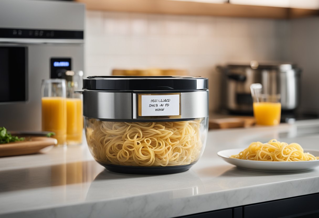 A bowl of Gigi Hadid pasta sits on a kitchen counter next to a microwave. A lid is placed loosely on top, and a note with reheating instructions is taped to the side