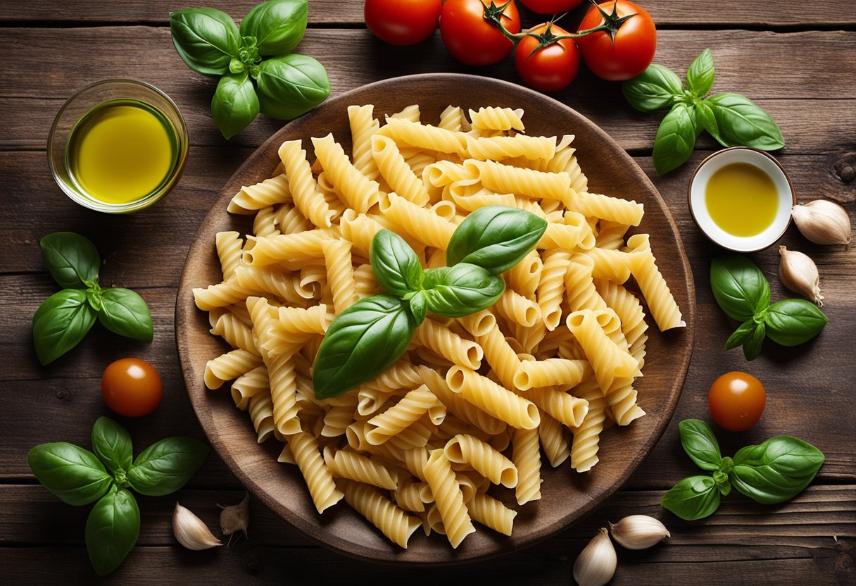 Gigi Hadid's pasta recipe ingredients laid out on a rustic wooden table with fresh tomatoes, basil, garlic, olive oil, and pasta