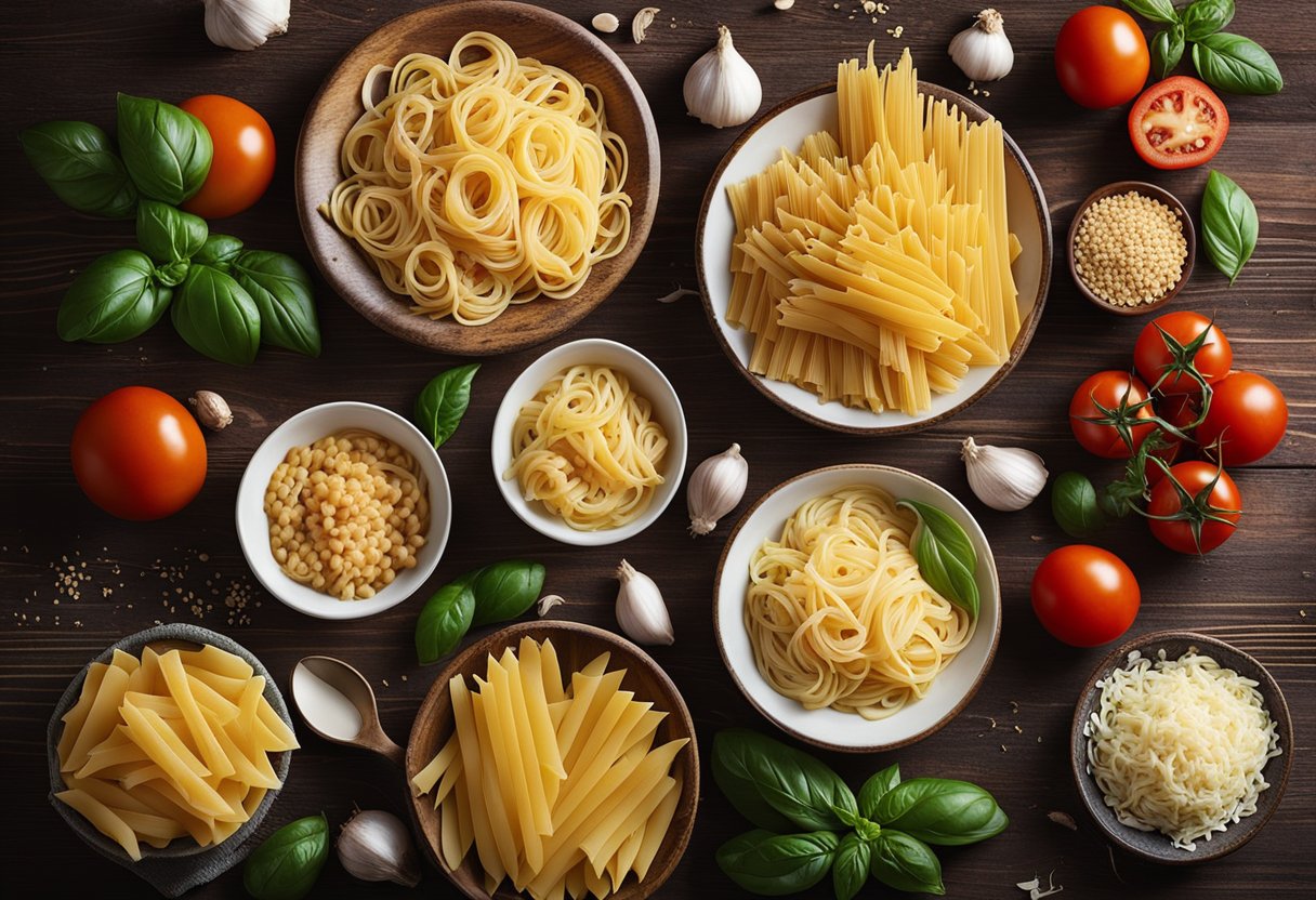 Gigi Hadid's pasta recipe ingredients arranged on a rustic wooden table. Ingredients include tomatoes, garlic, basil, and pasta