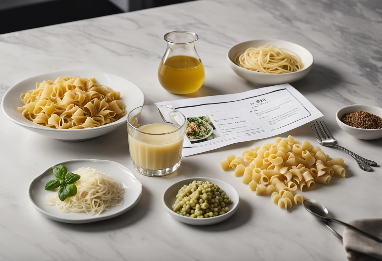 Gigi Hadid's pasta recipe ingredients laid out on a marble countertop with a handwritten recipe card beside them