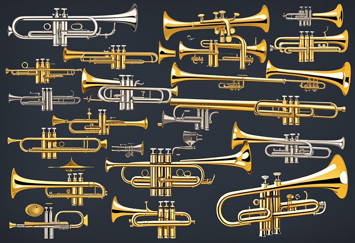 A beginner's guide to choosing a trumpet, with various trumpet models displayed and labeled, accompanied by helpful tips and information