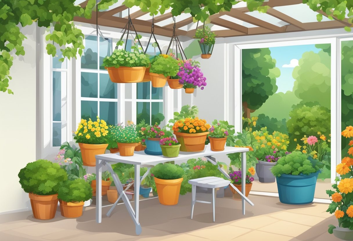 A lush garden with potted plants, hanging baskets, and a colorful array of flowers and vegetables. A small table with gardening tools and supplies