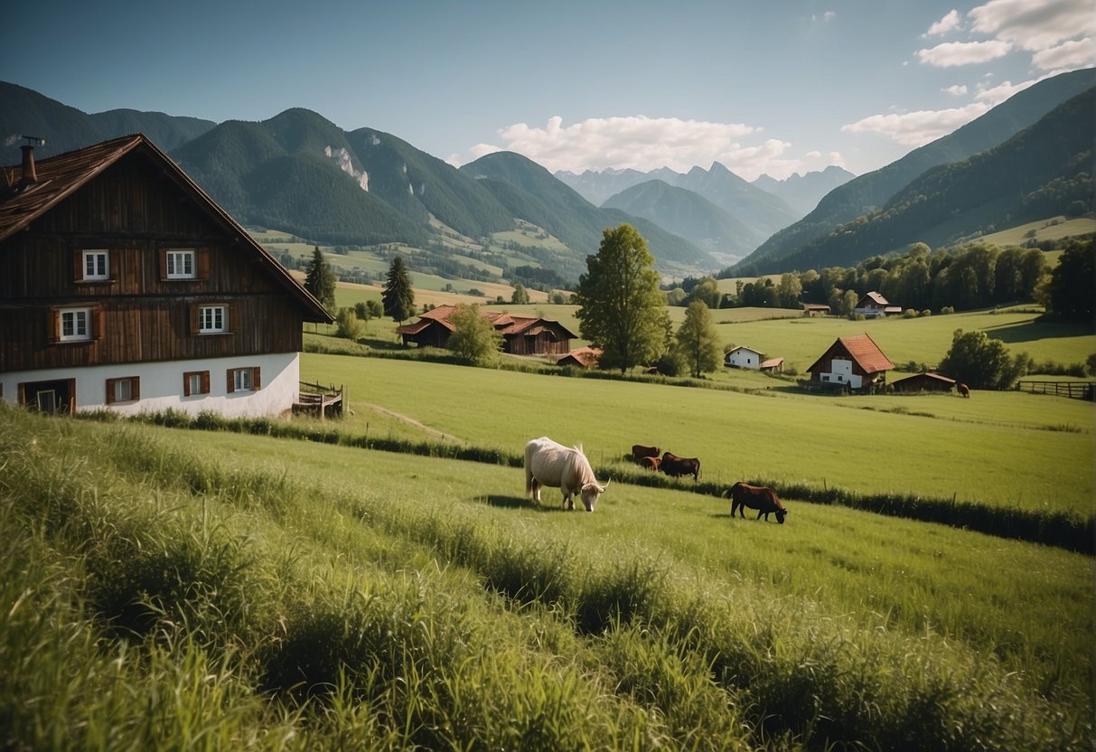 A serene farm in Göstling an der Ybbs, Niederösterreich. Lush green fields, grazing animals, and a rustic farmhouse surrounded by mountains