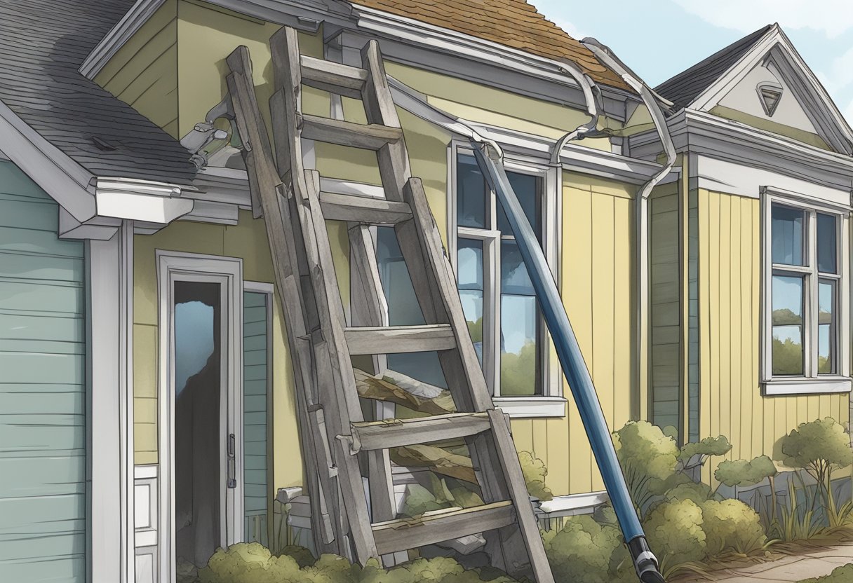 A ladder leaning against a house, a bucket of debris, and a gloved hand reaching into a clogged gutter