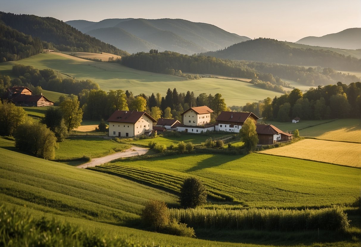 A scenic view of Bio Bauernhof Poidlbauer in Göstling an der Ybbs, Niederösterreich. The sustainable farm surrounded by lush green fields and rolling hills