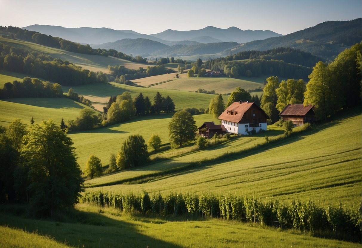 A picturesque organic farm in Göstling an der Ybbs, Niederösterreich. Rolling hills, lush green fields, and a charming farmhouse surrounded by trees