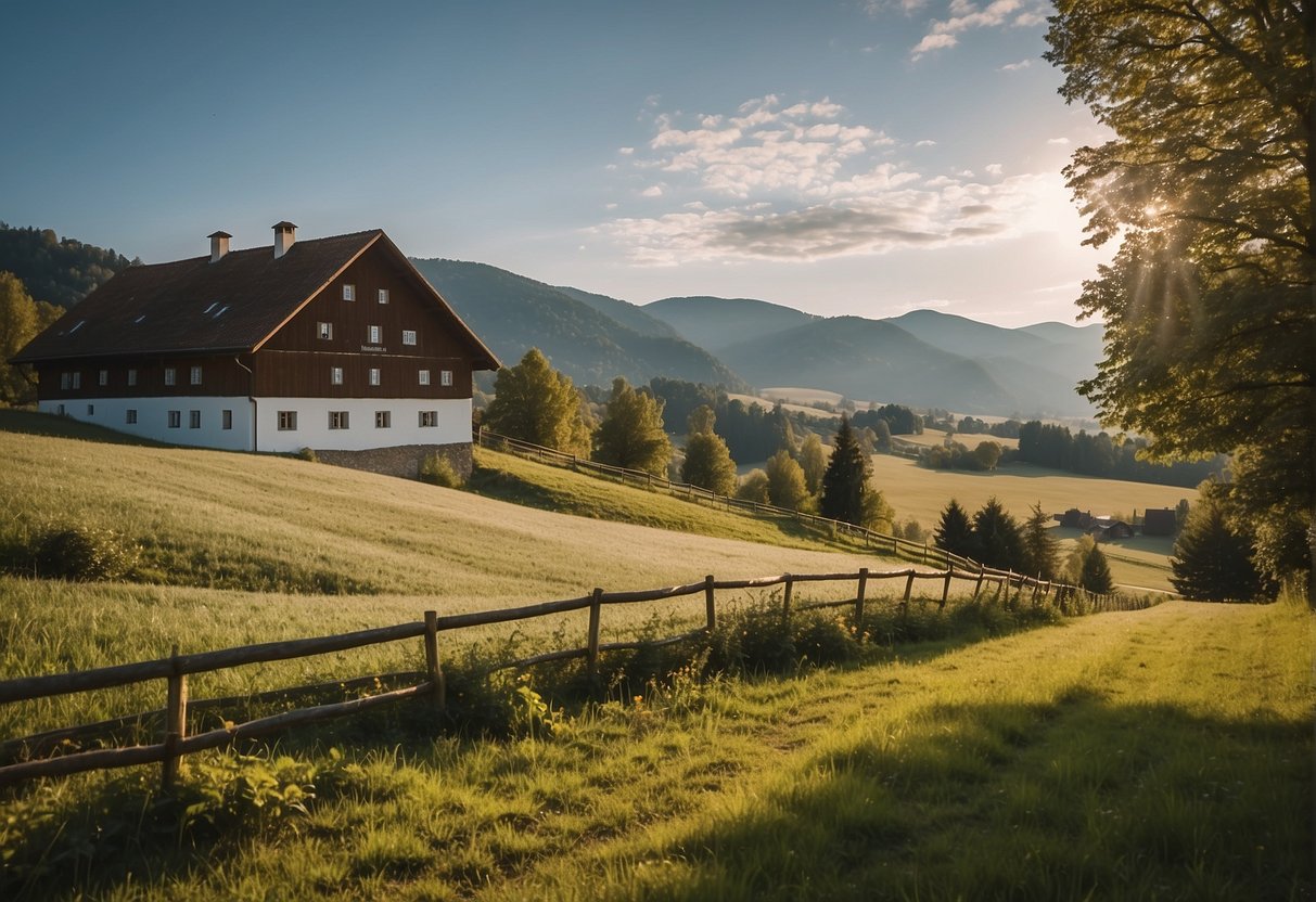 A picturesque bio farm in Göstling, Austria. Rolling hills, grazing animals, and a rustic farmhouse with a sign for Gästeinformationen Bio Bauernhof Poidlbauer
